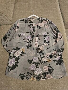 Daniel Rainn Sheer Light Gray Purple Floral Casual Popover Top Size XL